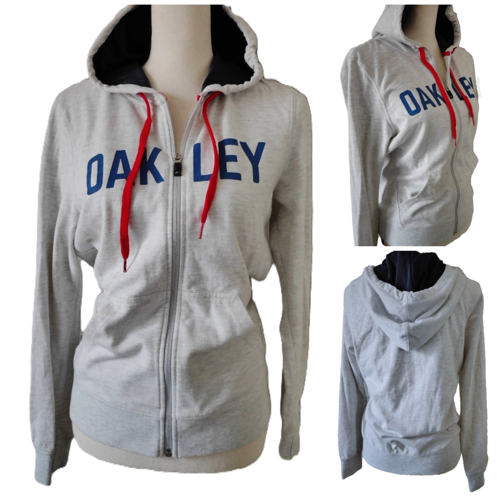 Y2k Oakley Hoodie Sweatshirt M Full Zip Gray Blue Block Letters Red Drawstring